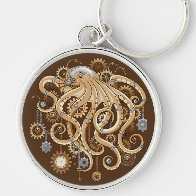 Åttabent Steampunk Retro Mekanisk Fantasy Rund Silverfärgad Nyckelring (Framsidan)
