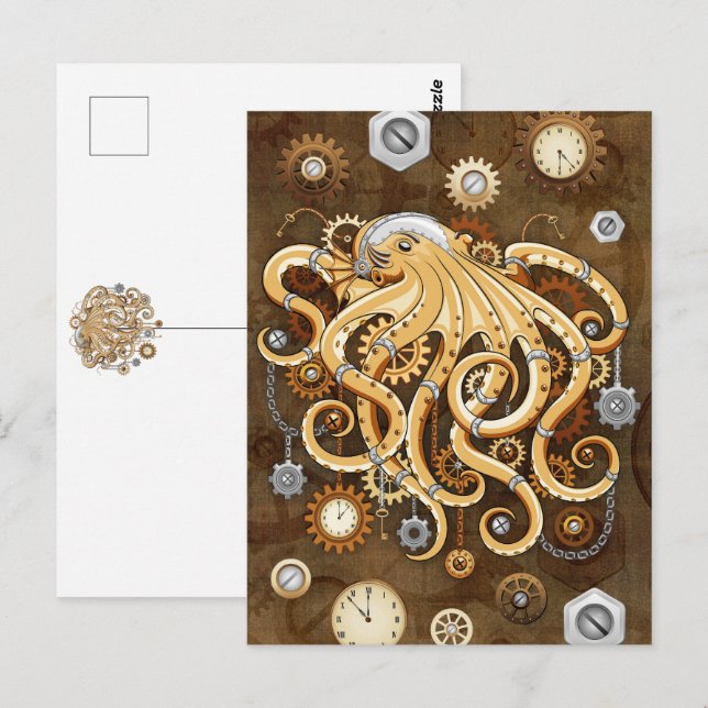 Åttabent Steampunk Retro Mekanisk Fantasy Vykort (Fram/baksida)