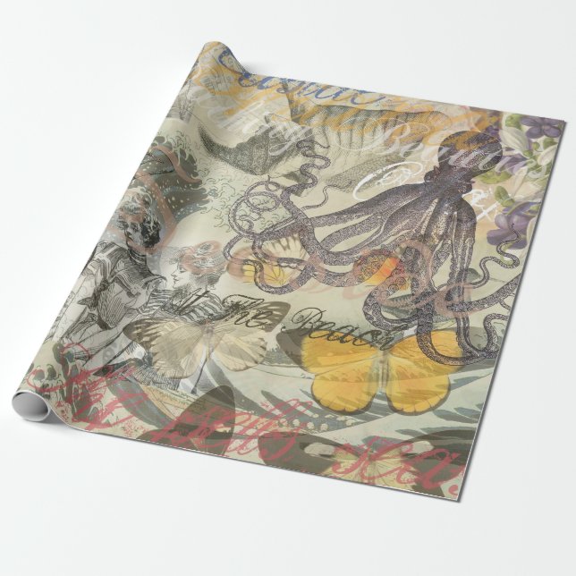 Åttabent Strand Antik Kust Steampunk Presentpapper (Utrullad)