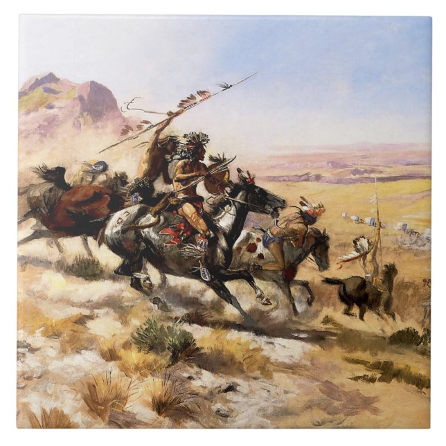 “Attack on a Wagon Train” av Charles M Russell Kakelplatta (Framsidan)