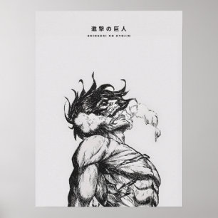 Attack Titan Figur Mörk Anime Linjekonst Poster