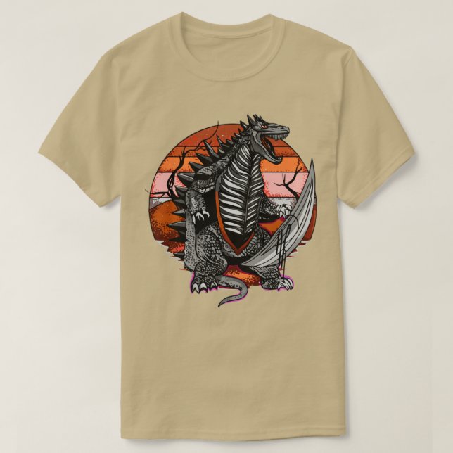 Attacker mot dinosaurier med sol i bakgrunden t shirt (Design framsida)