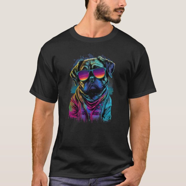 Åttaorwave Synthwave Retrowave 80 s Pug Hund med S T Shirt (Framsida)
