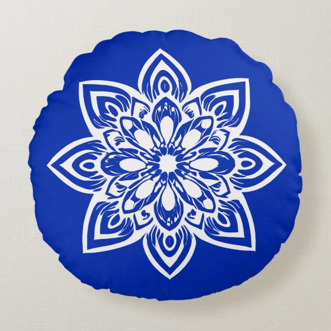 Åttapunktig vit stjärnblomma mandala rund kudde (Framsidan)