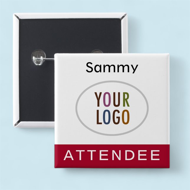 Attendee Namn Badge med Logotyp Mörk Red Square Knapp (MISOOK Attendee Dark Red Name Button with Logo)