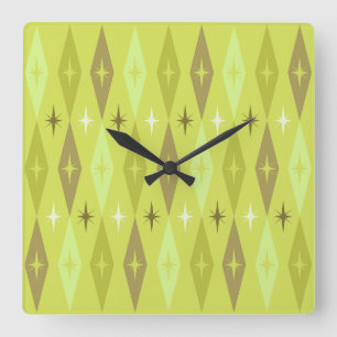 Attika 1950's Diamonds Stars Chartreuse Fyrkantig Klocka