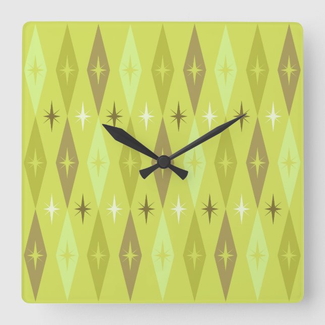 Attika 1950's Diamonds Stars Chartreuse Fyrkantig Klocka (Framsida)