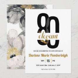 Åttio & Elegant Svart Guld Blommig 80-årsdag Inbjudningar