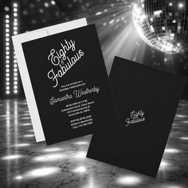Åttio & Fantastisk Svart Vit Födelsedag Inbjudningar (Eighty & Fabulous Black White Birthday Invitation)