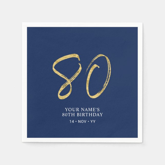 Åttio | Guld & Marinblå Text 80-årsdag Pappersservett (Framsidan)