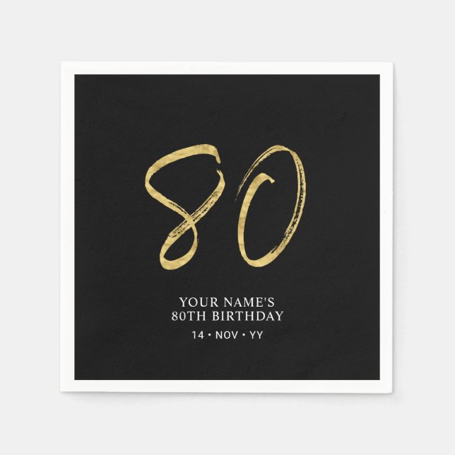 Åttio | Guld & Svart Bokstav 80-årsdag Pappersservett (Framsidan)