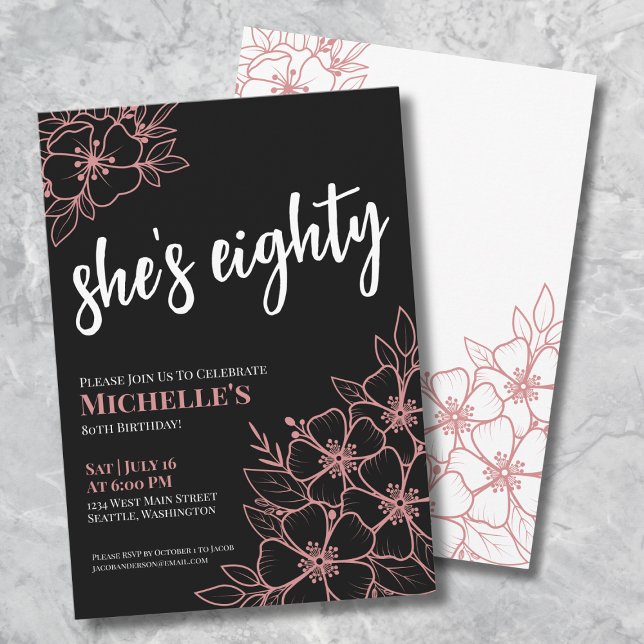 Åttio Svart Ros Guld Rosa 80-års Födelsedagsfest Inbjudningar (Eighty Black Rose Gold Pink 80th Birthday Party Invitation)