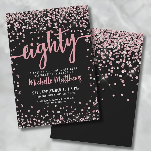 Åttio Svart Roséguld Glitter 80-årsdag Inbjudningar (Eighty Black Rose Gold Pink Glitter 80th Birthday Invitation)