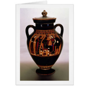 Attiska svarta-figur amphora som skildrar hälsningskort