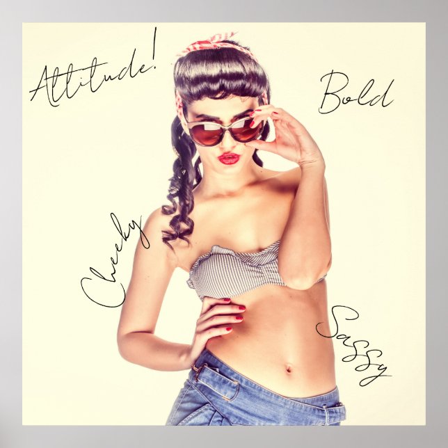 Attitude! Retro model in shorts and bikini top.  Poster (Framsidan)