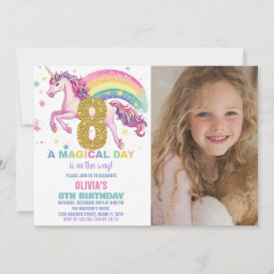 Åttonde födelsedagsinbjudan till Unicorn med bild Inbjudningar