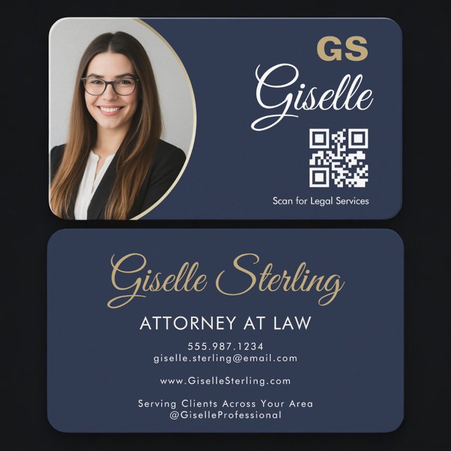 Attorney at Law QR Code Photo Navy Blue Gold  Visitkort (Skapare uppladdad)