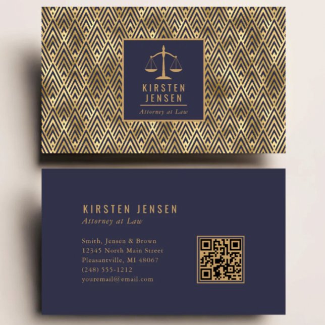 Attorney QR Code Blue Gold Geometric Deco Pattern Visitkort (Skapare uppladdad)