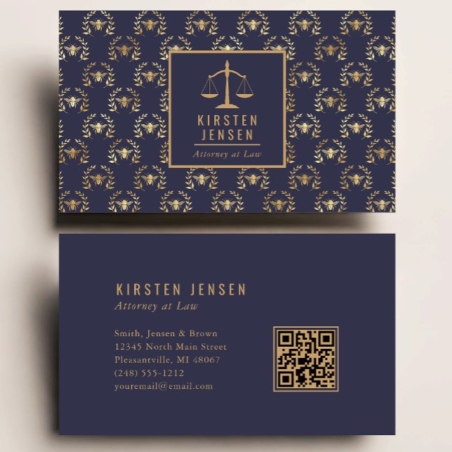 Attorney QR Code Dark Blue Gold Bee Laurel Pattern Visitkort (Skapare uppladdad)