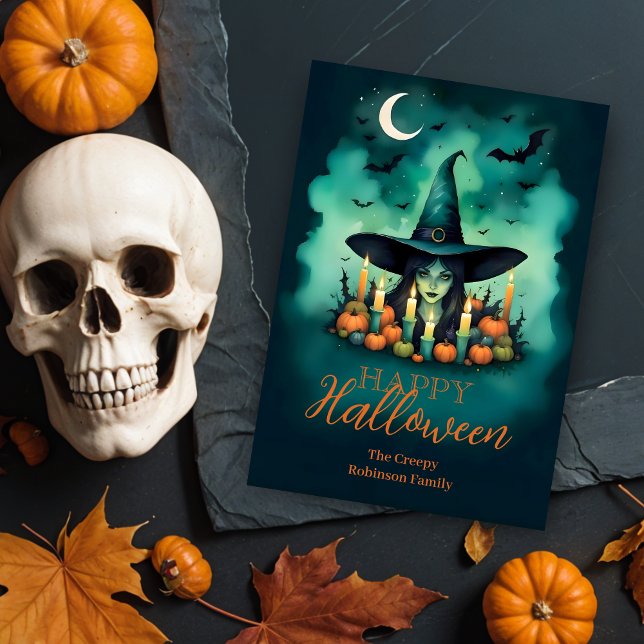 Attractive & Mystical Halloween Witch Conjures Kort (Attractive & Mystical Halloween Witch Conjures Enchanting Spells Amid Glowing Candles Cards.)
