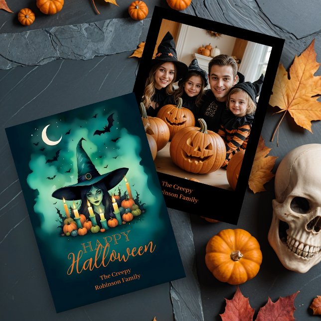 Attractive Mystical Halloween Witch Conjures Photo Kort (Attractive & Mystical Halloween Witch Conjures Enchanting Spells Amid Glowing Candles Cards)