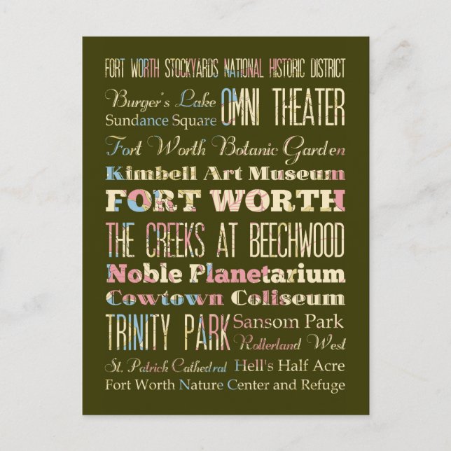 Attraktion & Berömd Ställe av Fort Worth, Texas. Vykort (Framsida)