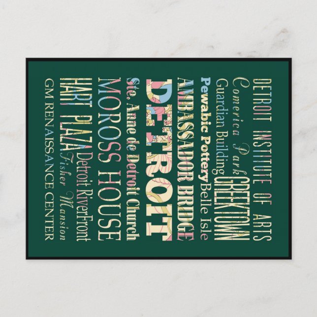 Attraktion & Berömd Ställe of Detroit, Michigan. Vykort (Framsida)