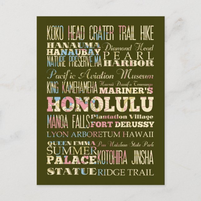 Attraktion & Berömd Ställe of Honolulu, Hawaii. Vykort (Framsida)