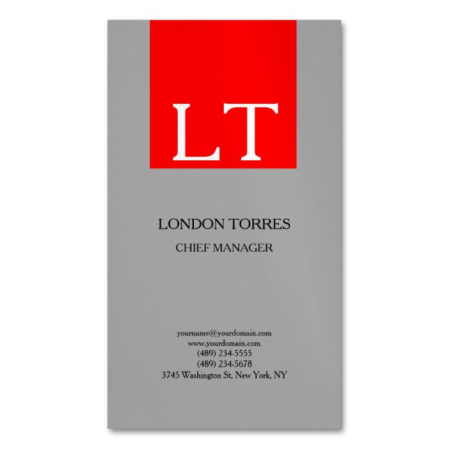 Attraktiv monogram Grått Red White Plain Magnetiska Visitkort (Framsida vertikal)