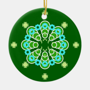 Åttställig Mandala, Mörk Jade Grönt och Aqua Julgransprydnad Keramik