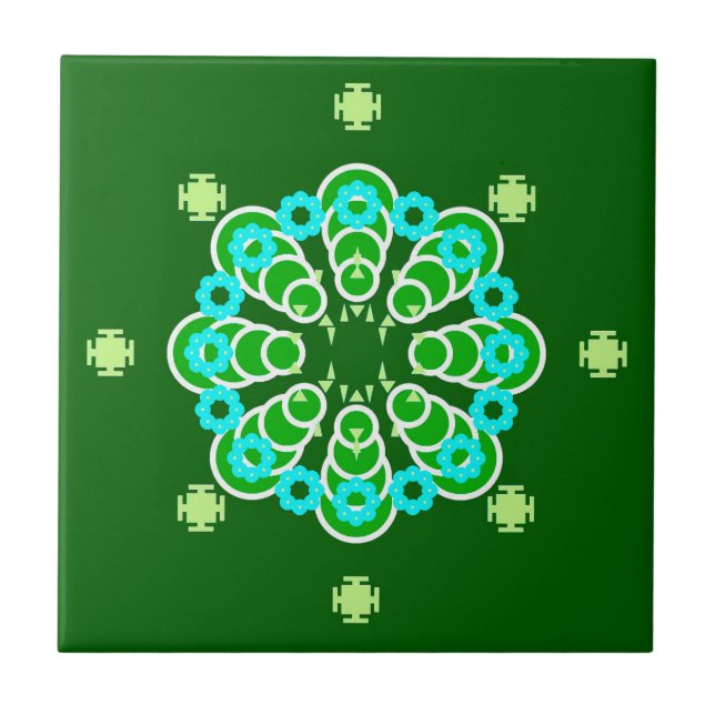 Åttställig Mandala, Mörk Jade Grönt och Aqua Kakelplatta (Framsidan)
