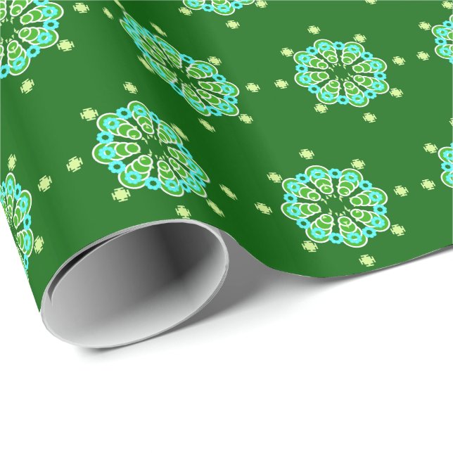 Åttställig Mandala, Mörk Jade Grönt och Aqua Presentpapper (Rullad Hörn)