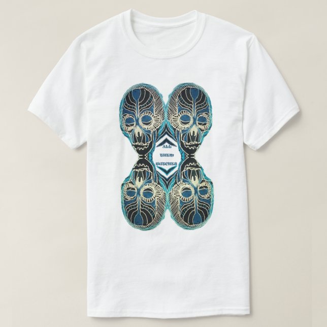ATW. Alla häxor svarta och blå 4 skalle T Shirt (Design framsida)
