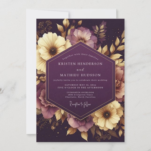 Aubergine Baroque Bloom Wedding Inbjudningar (Framsida)