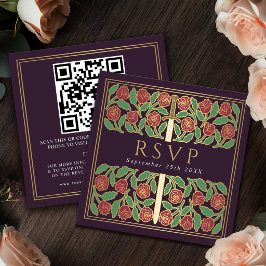 Aubergine Guld Blommig Royal Bröllop RSVP QR-kod Tilläggskort