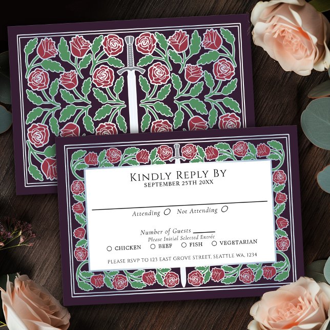 Aubergine Silver Blommig Svärd Royal Bröllop RSVP OSA Kort (Skapare uppladdad)