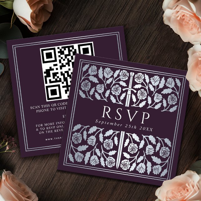 Aubergine Silver Sword Royal Bröllop Svar QR-kod Tilläggskort (Skapare uppladdad)