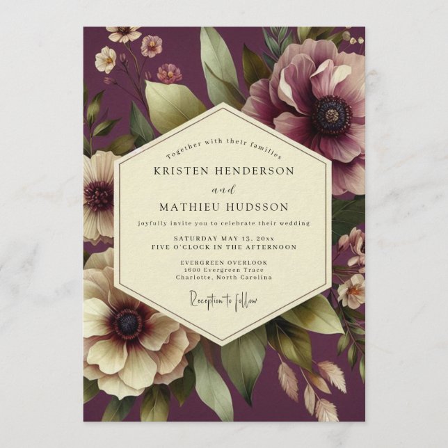 Aubergine Sovereign Bloom Wedding Inbjudningar (Framsida)