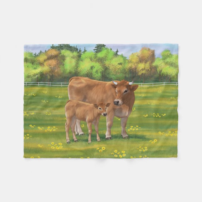 Aubrac Cow & Cute Calf på Vår-betesmark Fleecefilt (Framsidan (Horisontell))