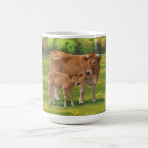 Aubrac Cow & Cute Calf på Vår-betesmark Kaffemugg