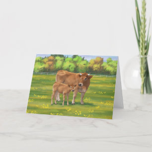Aubrac Cow & Cute Calf på Vår-betesmark Kort