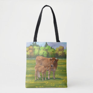 Aubrac Cow & Cute Calf på Vår-betesmark Tygkasse