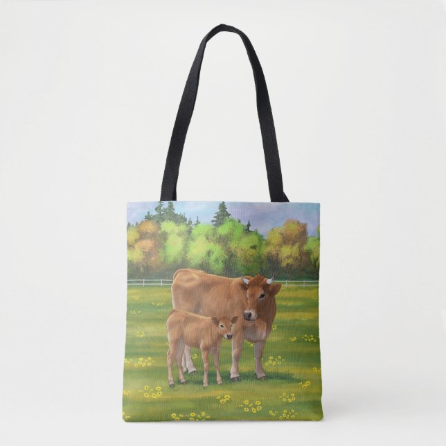 Aubrac Cow & Cute Calf på Vår-betesmark Tygkasse (Framsida)