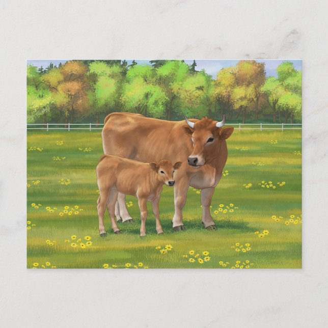 Aubrac Cow & Cute Calf på Vår-betesmark Vykort (Framsida)