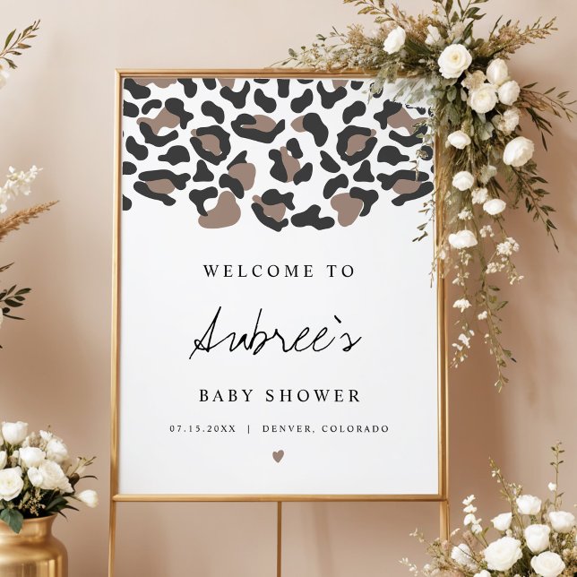 AUBREE Boho Leopardtryck Baby Shower Välkommen Poster (Modern Leopard Print Wild Baby Shower Welcome Sign)