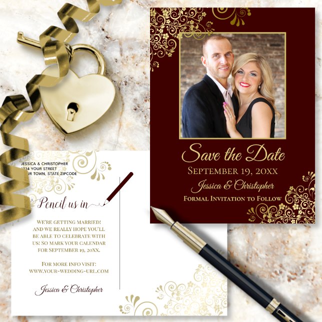 Auburn Brown & Guld Photo Save Date Bröllop Meddelande Vykort (Front and Back)