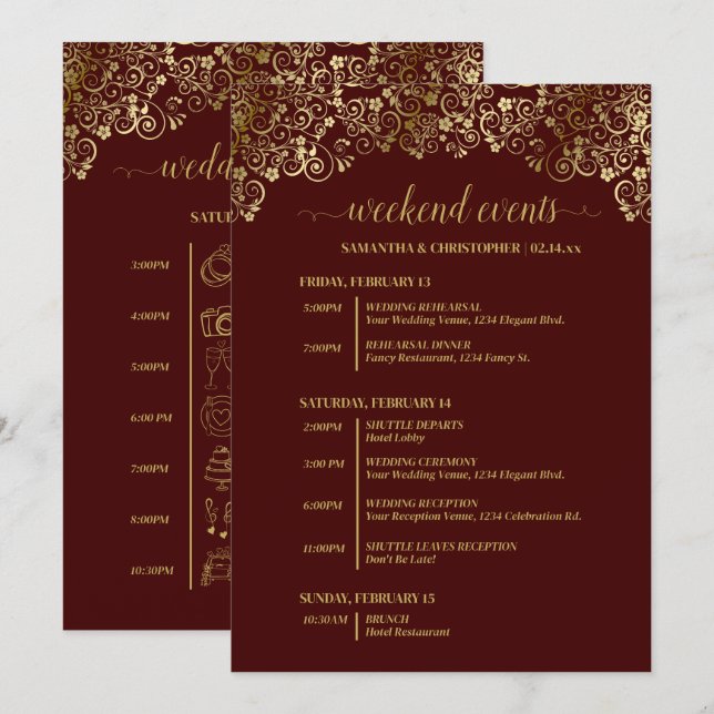 Auburn Brun & Guld Bröllopsevenemang & Tidslinje Program (Fram/baksida)