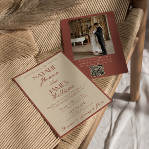 Auburn Koppar Gammalt Pengar QR-kod Foto Bröllop Inbjudningar