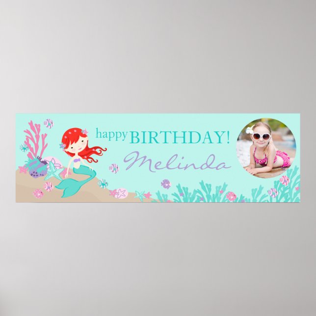 Auburn Sjöjungfru Birthday Banner Poster (Framsidan)
