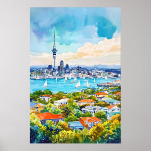 Auckland akvarellaffisch Väggkonst Auckland Vägg